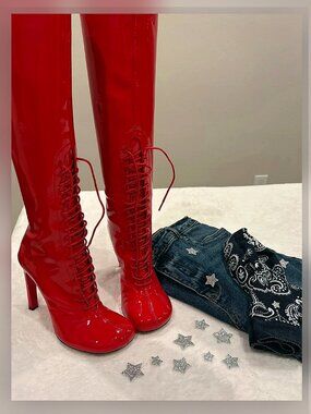 Dries Van Noten Red Patent Sexy Lace Up OTK Boots Retro Bombshell Vibes